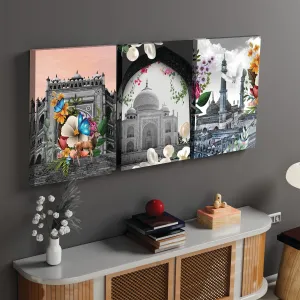 Painting Mantra Stretched On Frame Canvas Painting Taj Mahal & Char Minar Art For Living Room, Decorative Home & Wall Décor Abstract Art (Set of 3, Size: 16x22 Inch)