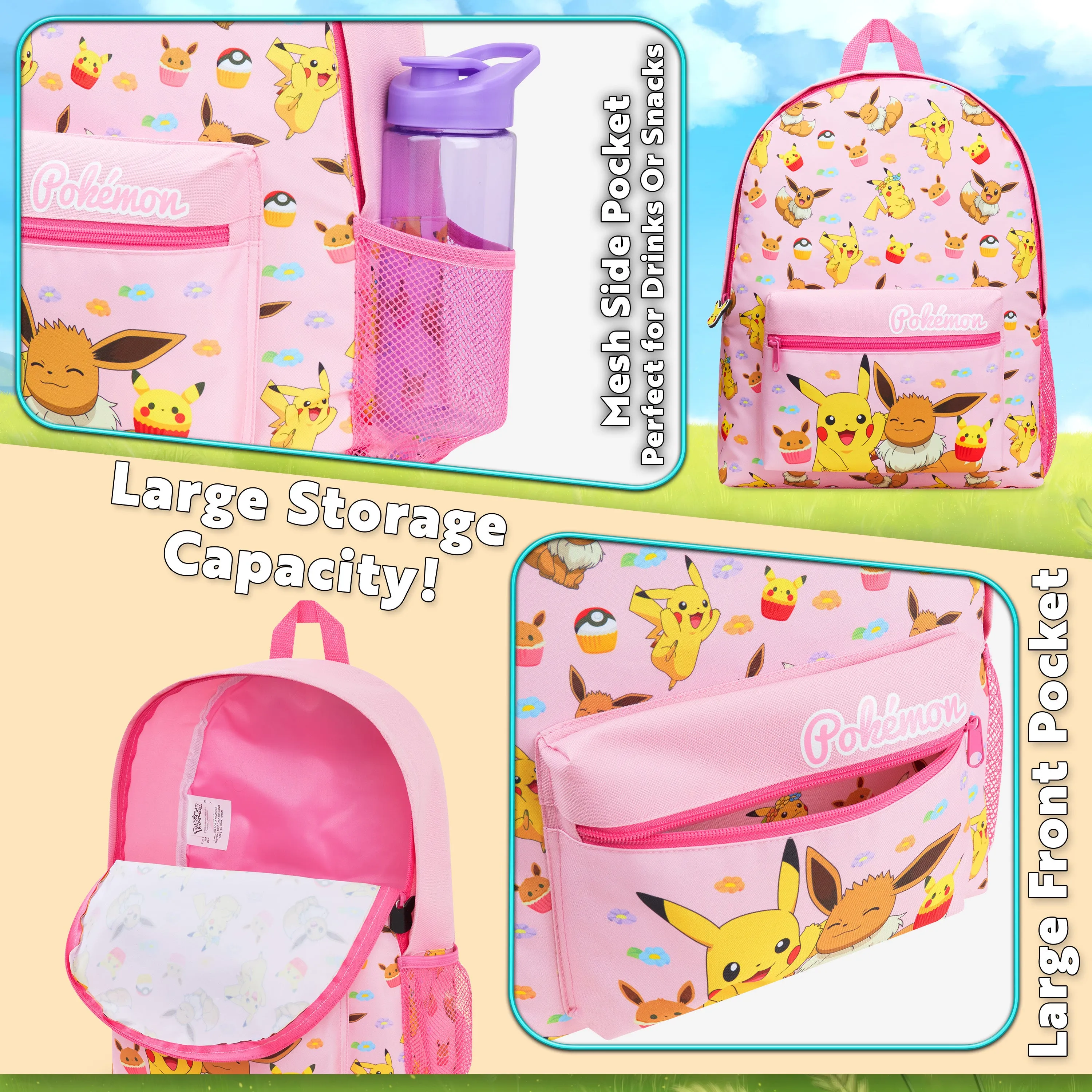 Pokemon Backpack Kids School Bag Boys Girls Teens Pikachu Eevee Pokeball