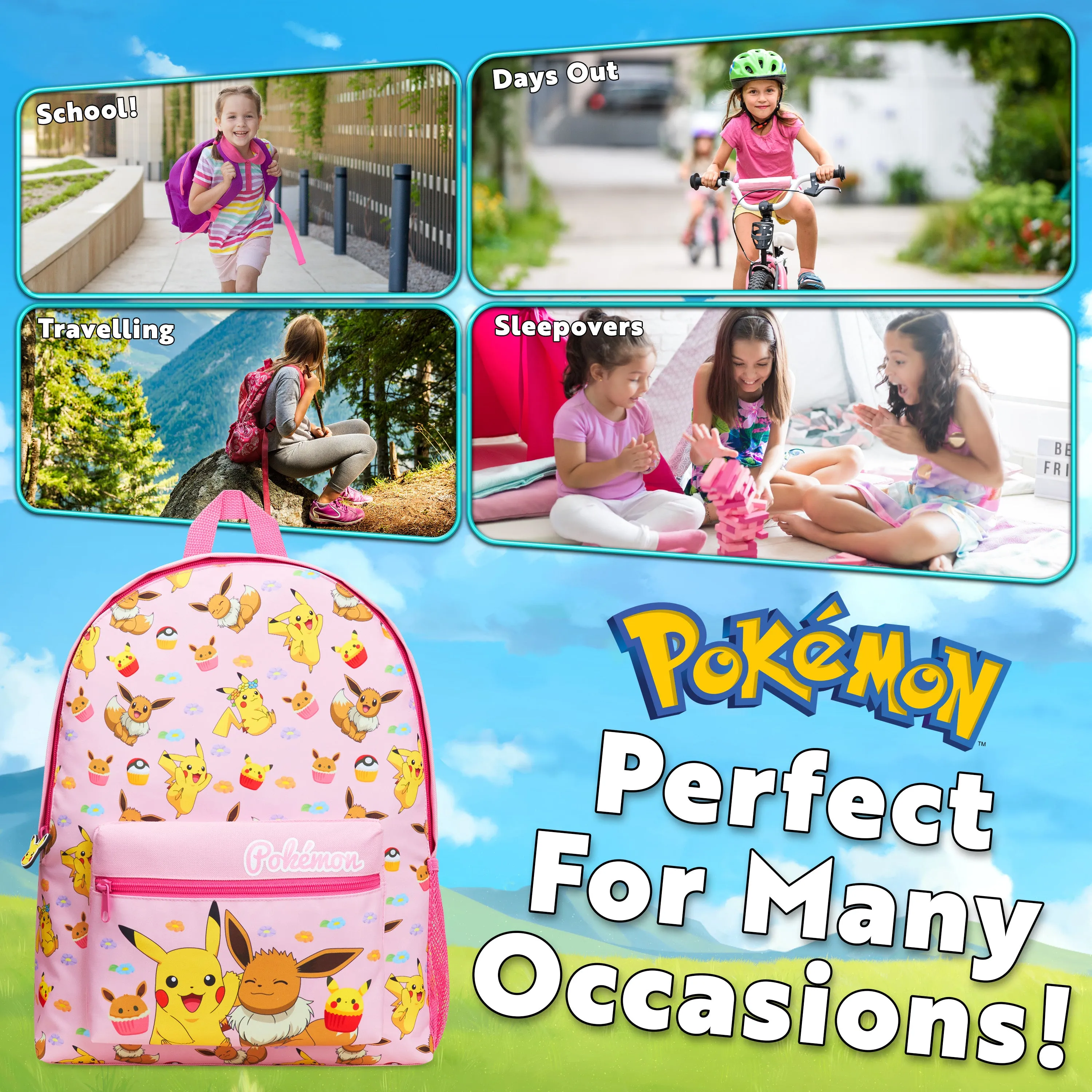 Pokemon Backpack Kids School Bag Boys Girls Teens Pikachu Eevee Pokeball