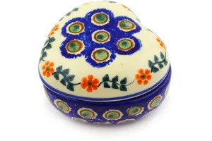 Polish Pottery 4" Heart Shaped Jar Sunflower Peacock