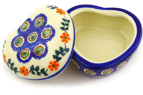 Polish Pottery 4" Heart Shaped Jar Sunflower Peacock
