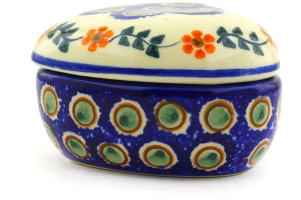Polish Pottery 4" Heart Shaped Jar Sunflower Peacock