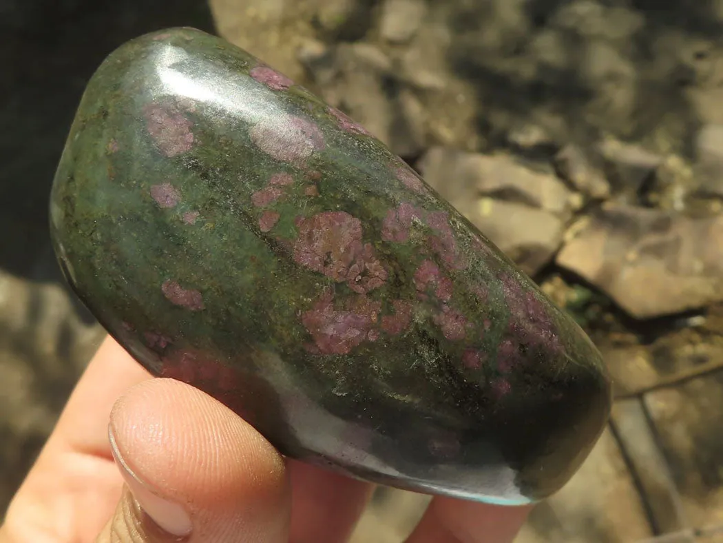 Polished Rare Fluorescent Green Verdite Ruby Corundum Free Forms x 4 From Zimbabwe