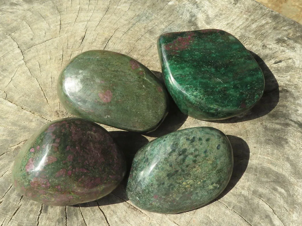 Polished Rare Fluorescent Green Verdite Ruby Corundum Free Forms x 4 From Zimbabwe