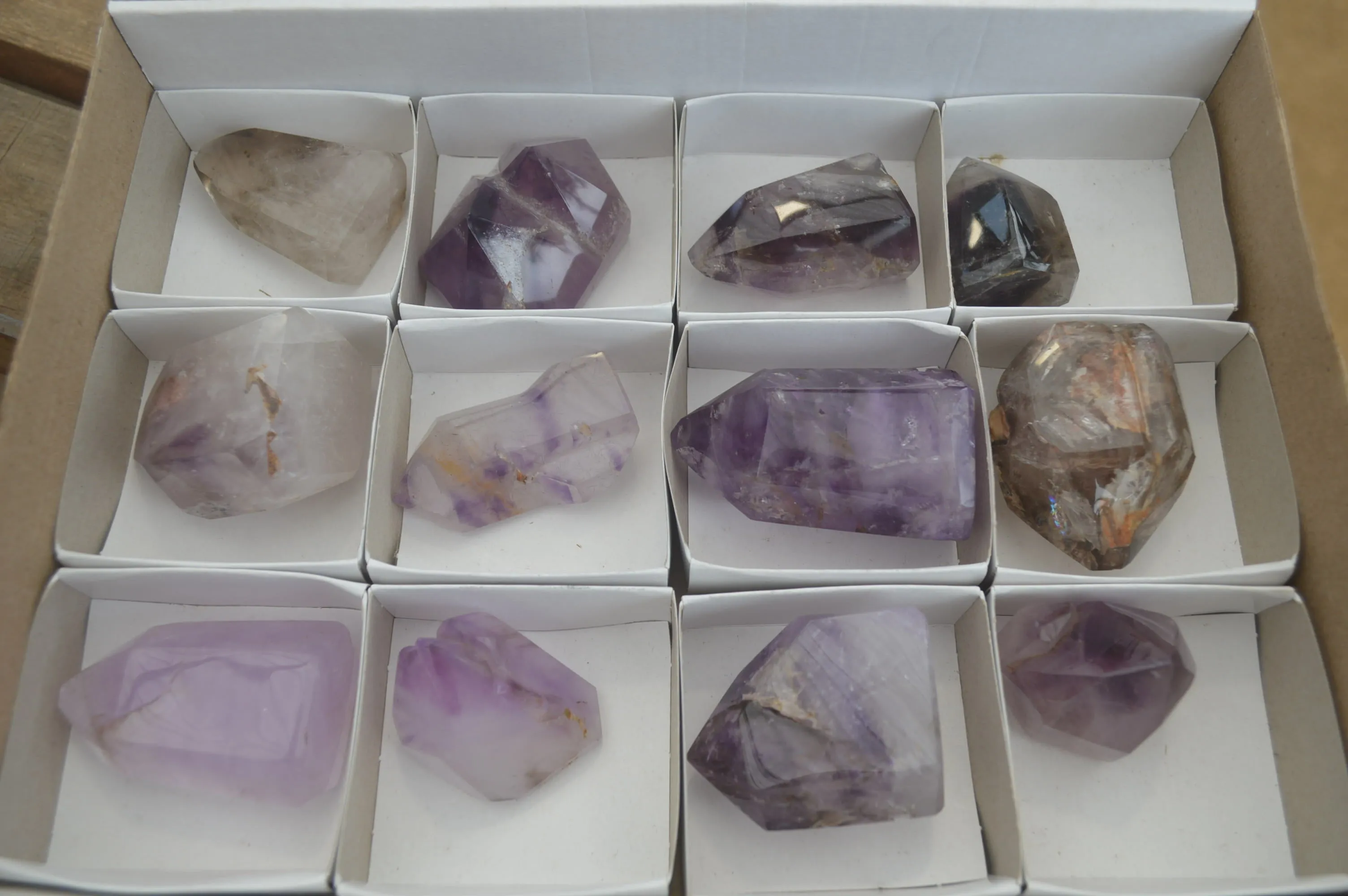 Polished Smokey Amethyst Window Quartz Points x 12 From Akansobe, Madagascar