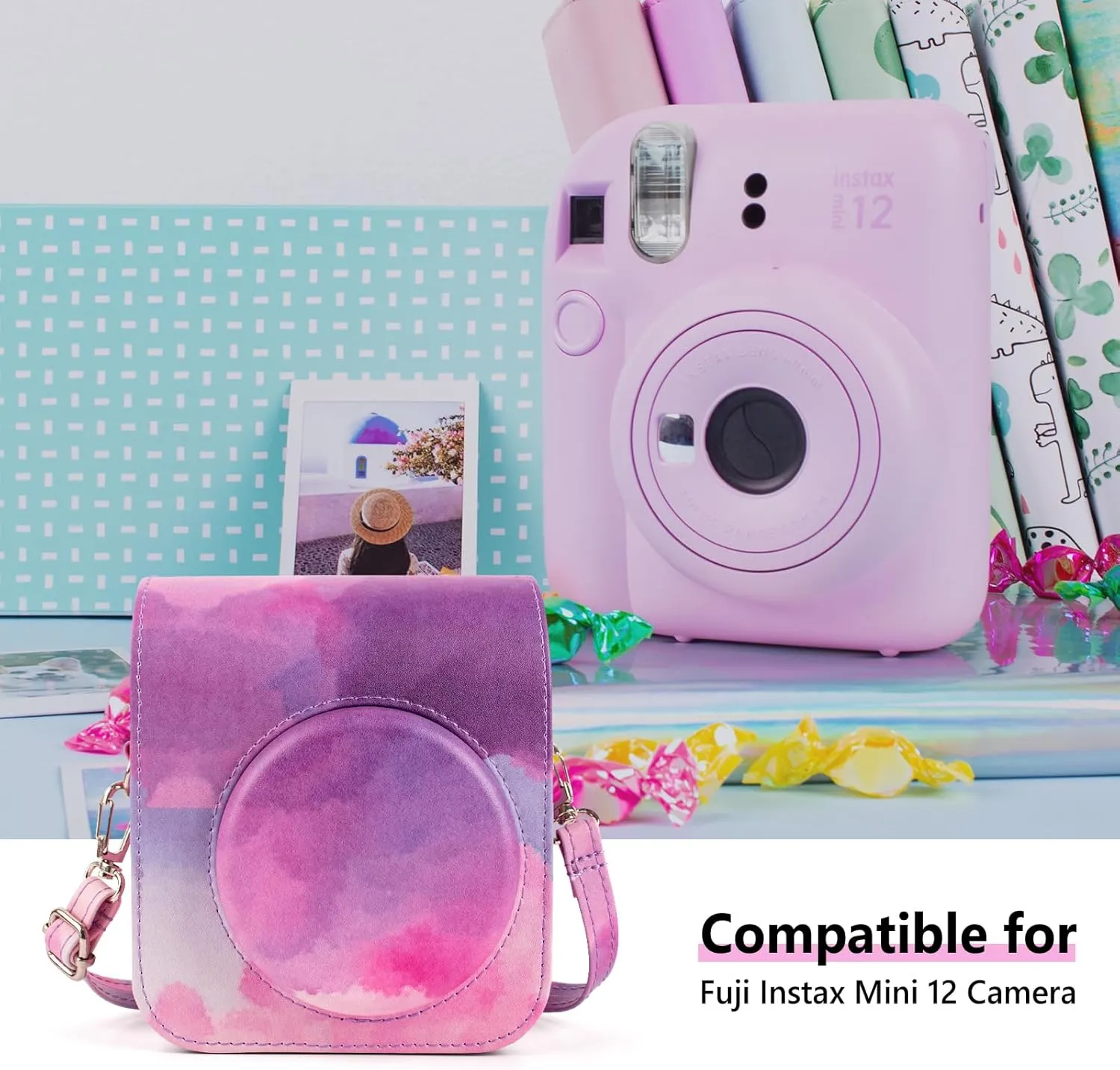 PU Leather Camera Case for Fujifilm Instax Mini 12 Instant Camera | Protective Camera Cover with Adjustable Shoulder Strap - Pink Cloud