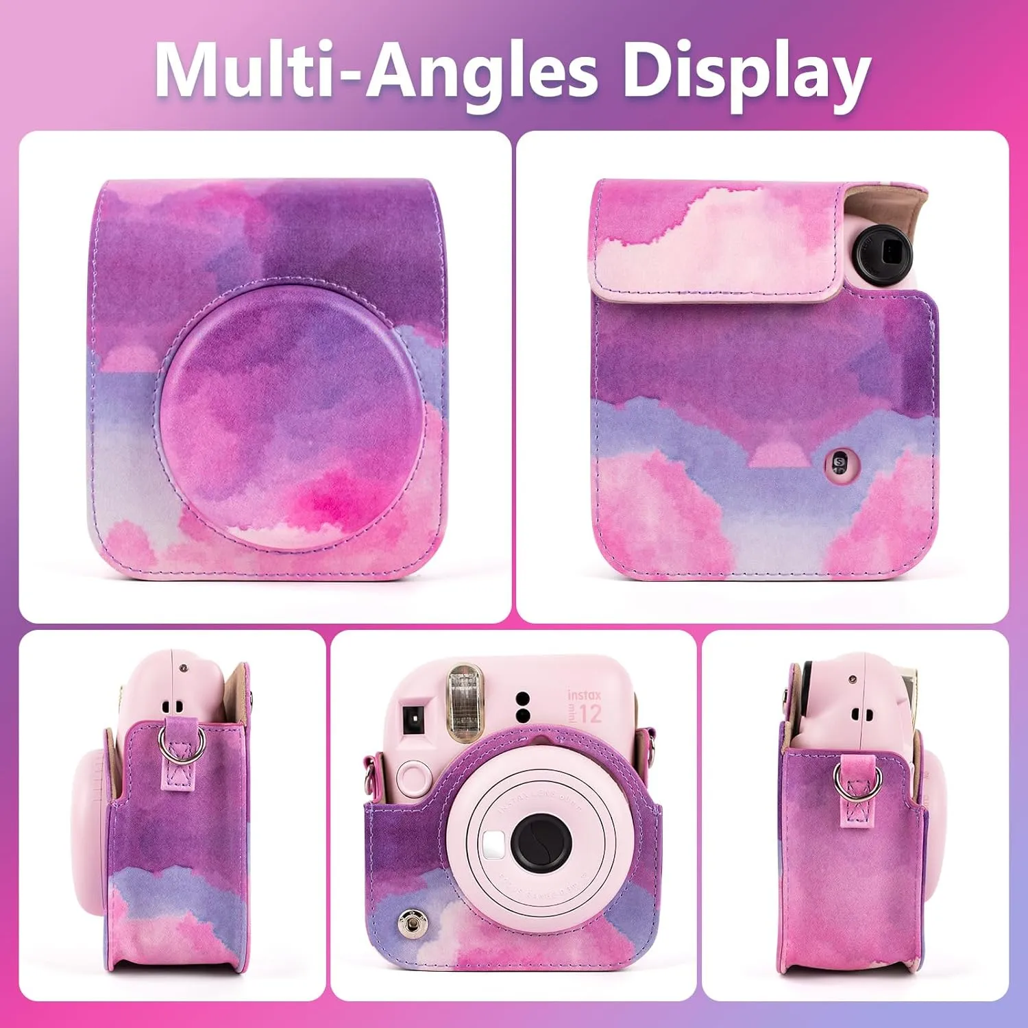 PU Leather Camera Case for Fujifilm Instax Mini 12 Instant Camera | Protective Camera Cover with Adjustable Shoulder Strap - Pink Cloud