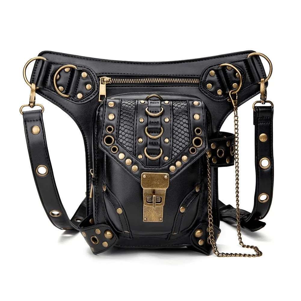 Punk Rivets Chain Shoulder Waist Bag / Women's Motorcycle Leg Bag
