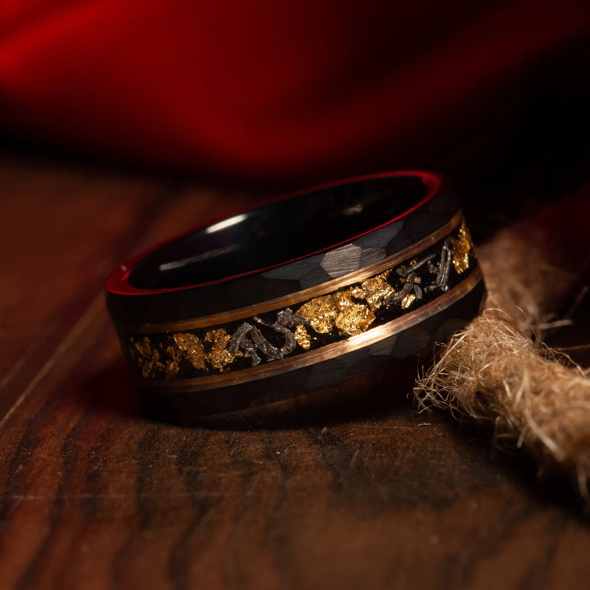 "Zeus" Meteorite 24K Gold Leaf Rose Gold Strip Inlay Black Hammered Tungsten Carbide Ring, 8mm