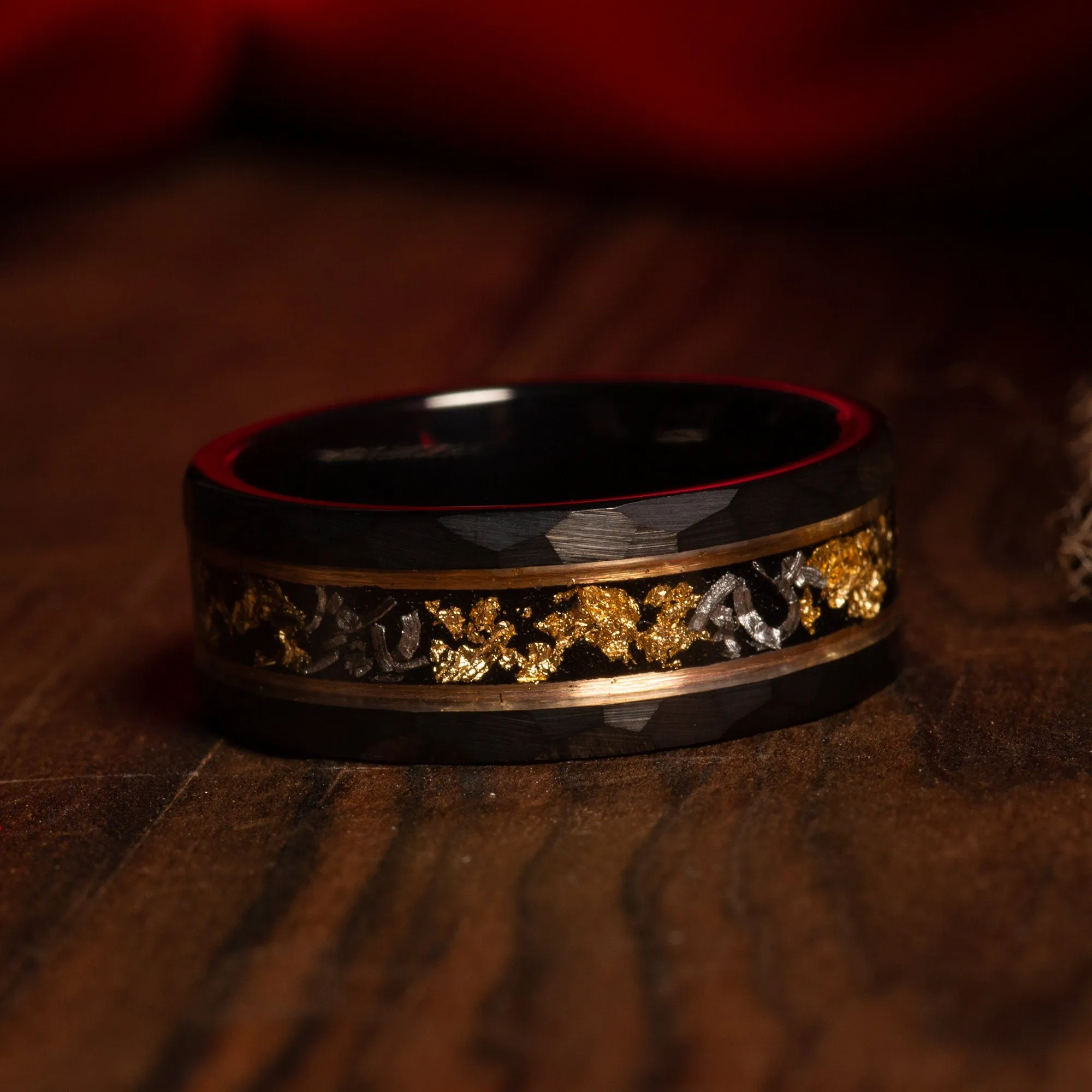 "Zeus" Meteorite 24K Gold Leaf Rose Gold Strip Inlay Black Hammered Tungsten Carbide Ring, 8mm