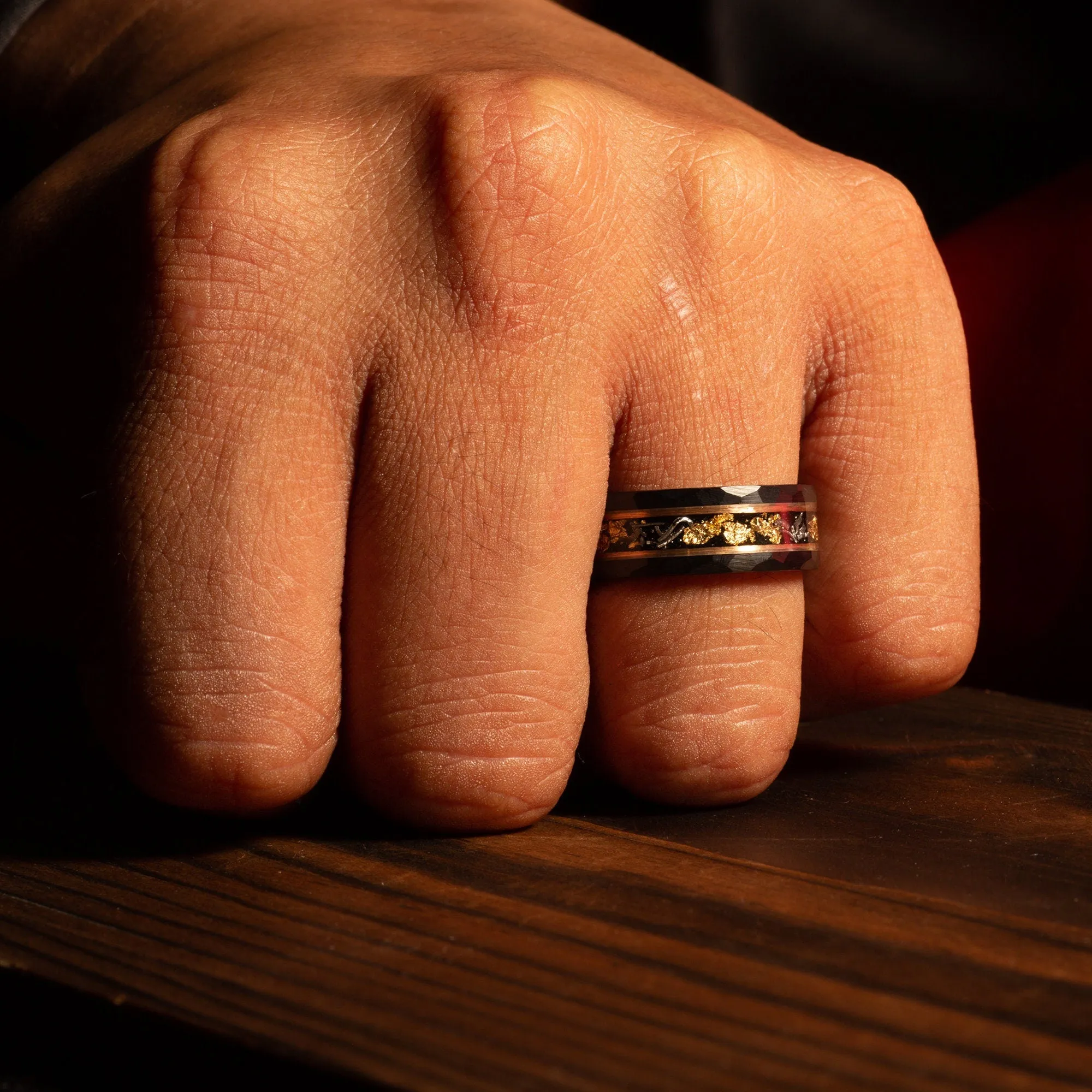 "Zeus" Meteorite 24K Gold Leaf Rose Gold Strip Inlay Black Hammered Tungsten Carbide Ring, 8mm