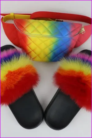 Rainbow Color Fur Slides & Waist Bag Set #8 F952