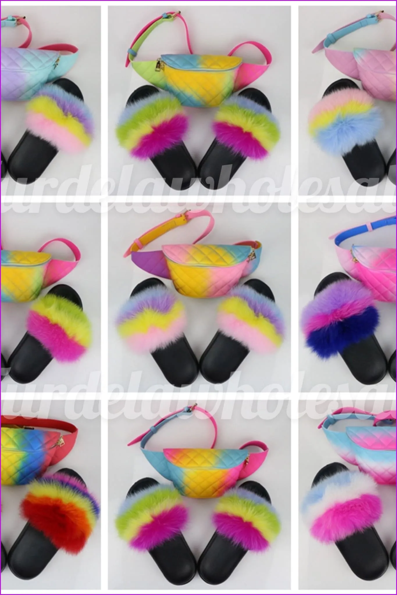 Rainbow Color Fur Slides & Waist Bag Set #8 F952