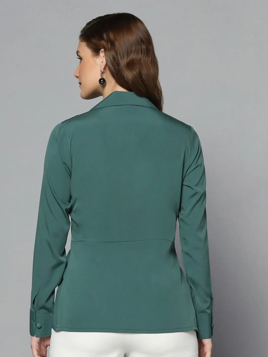 Regular Fit Collared Crepe Top - Green