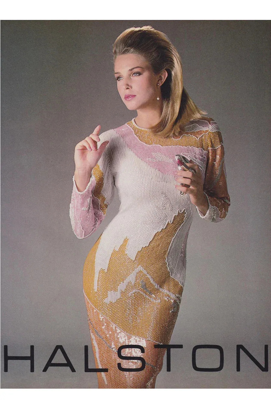 Spectacular 1983 Halston Well Documented Pastel Blues, Turquoise & Ivory Sequin Sheath Dress