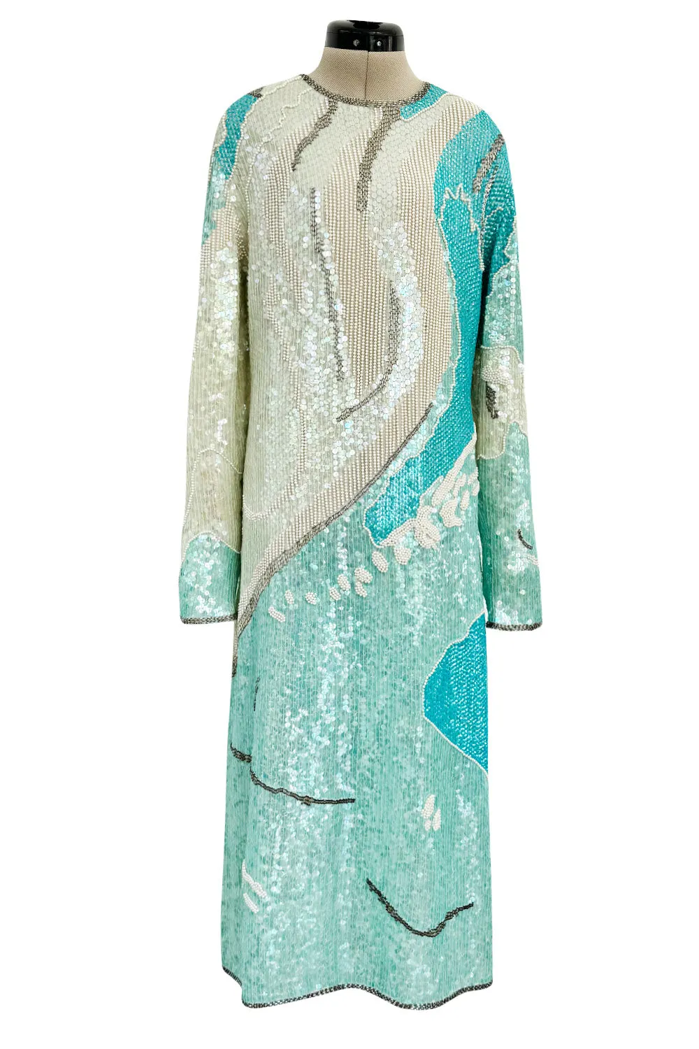Spectacular 1983 Halston Well Documented Pastel Blues, Turquoise & Ivory Sequin Sheath Dress