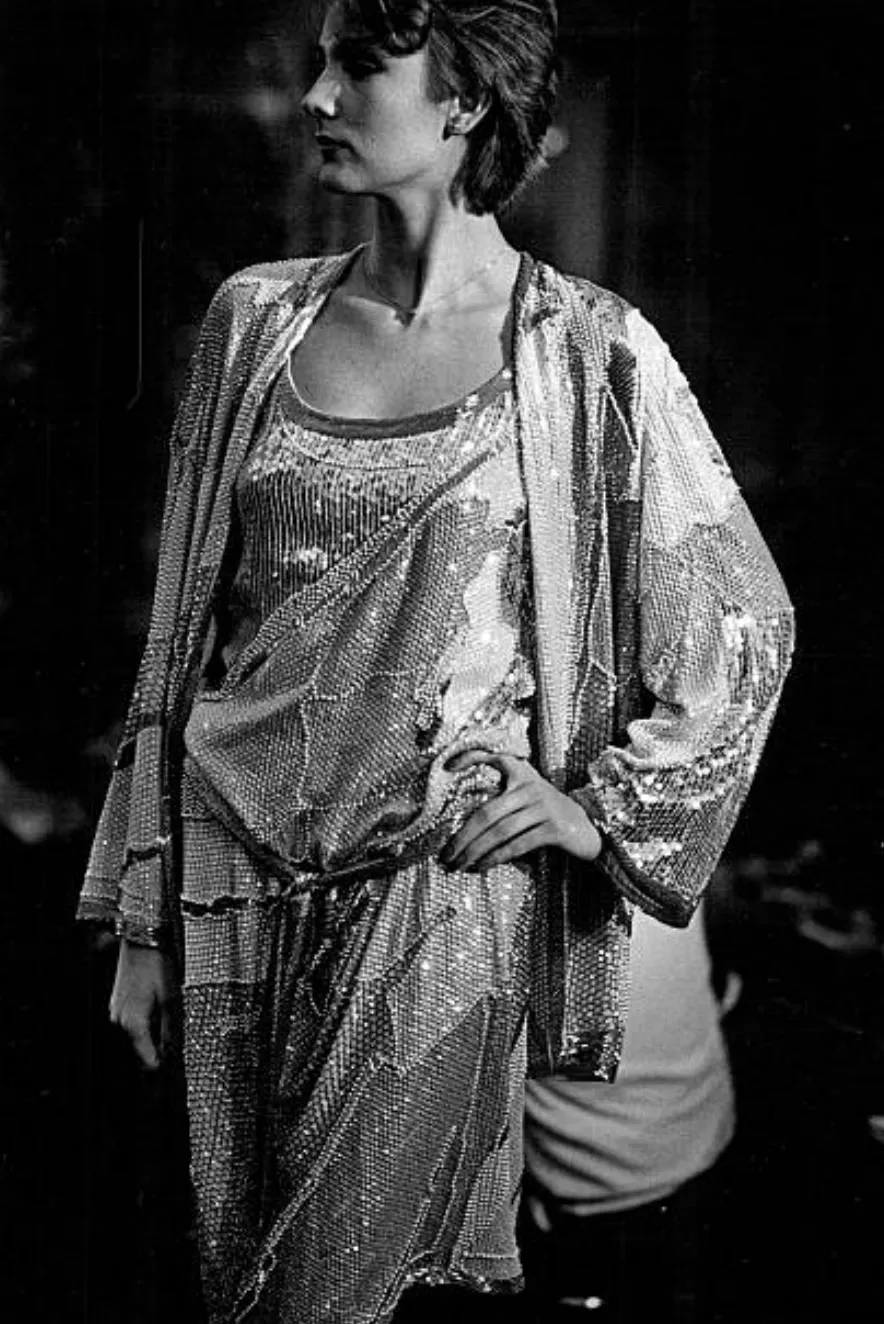 Spectacular 1983 Halston Well Documented Pastel Blues, Turquoise & Ivory Sequin Sheath Dress