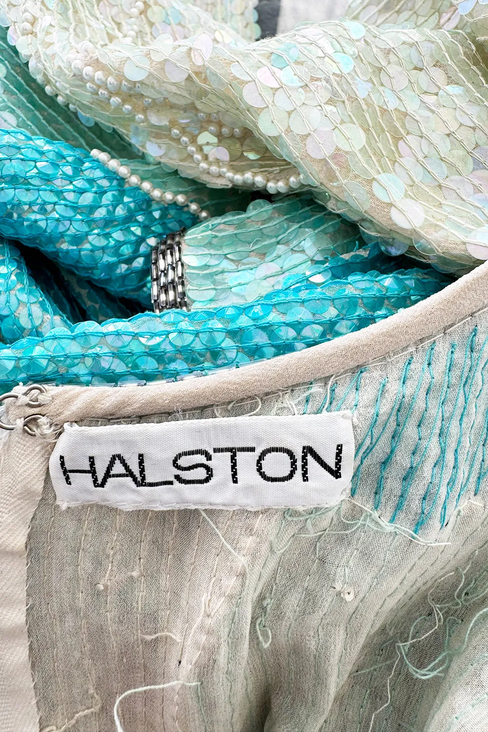 Spectacular 1983 Halston Well Documented Pastel Blues, Turquoise & Ivory Sequin Sheath Dress