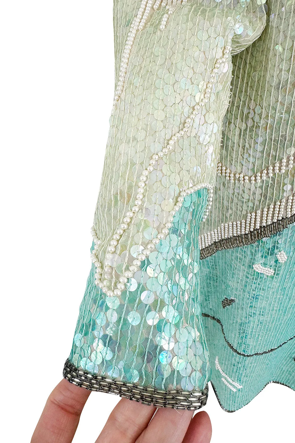 Spectacular 1983 Halston Well Documented Pastel Blues, Turquoise & Ivory Sequin Sheath Dress