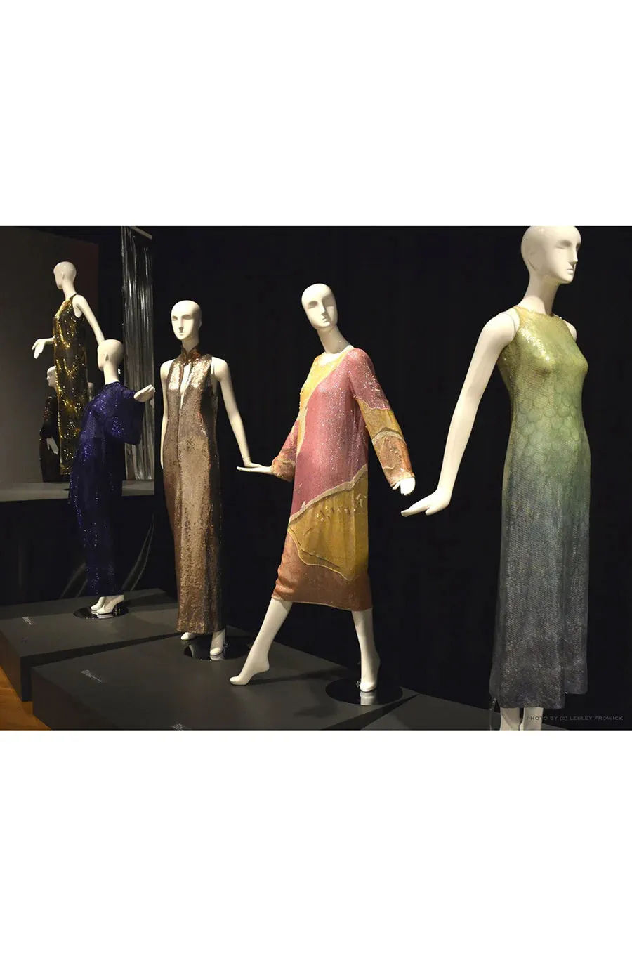 Spectacular 1983 Halston Well Documented Pastel Blues, Turquoise & Ivory Sequin Sheath Dress