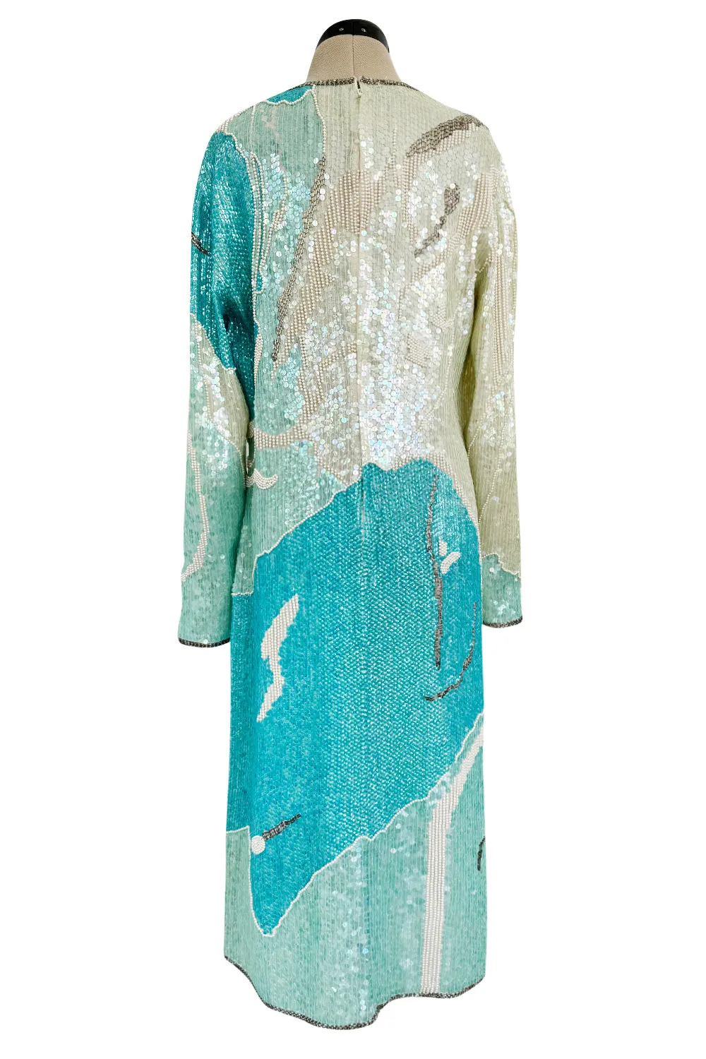 Spectacular 1983 Halston Well Documented Pastel Blues, Turquoise & Ivory Sequin Sheath Dress