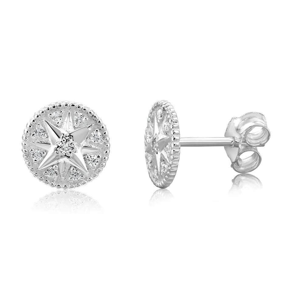 Sterling Silver Cubic Zirconia Star On Round Stud Earrings