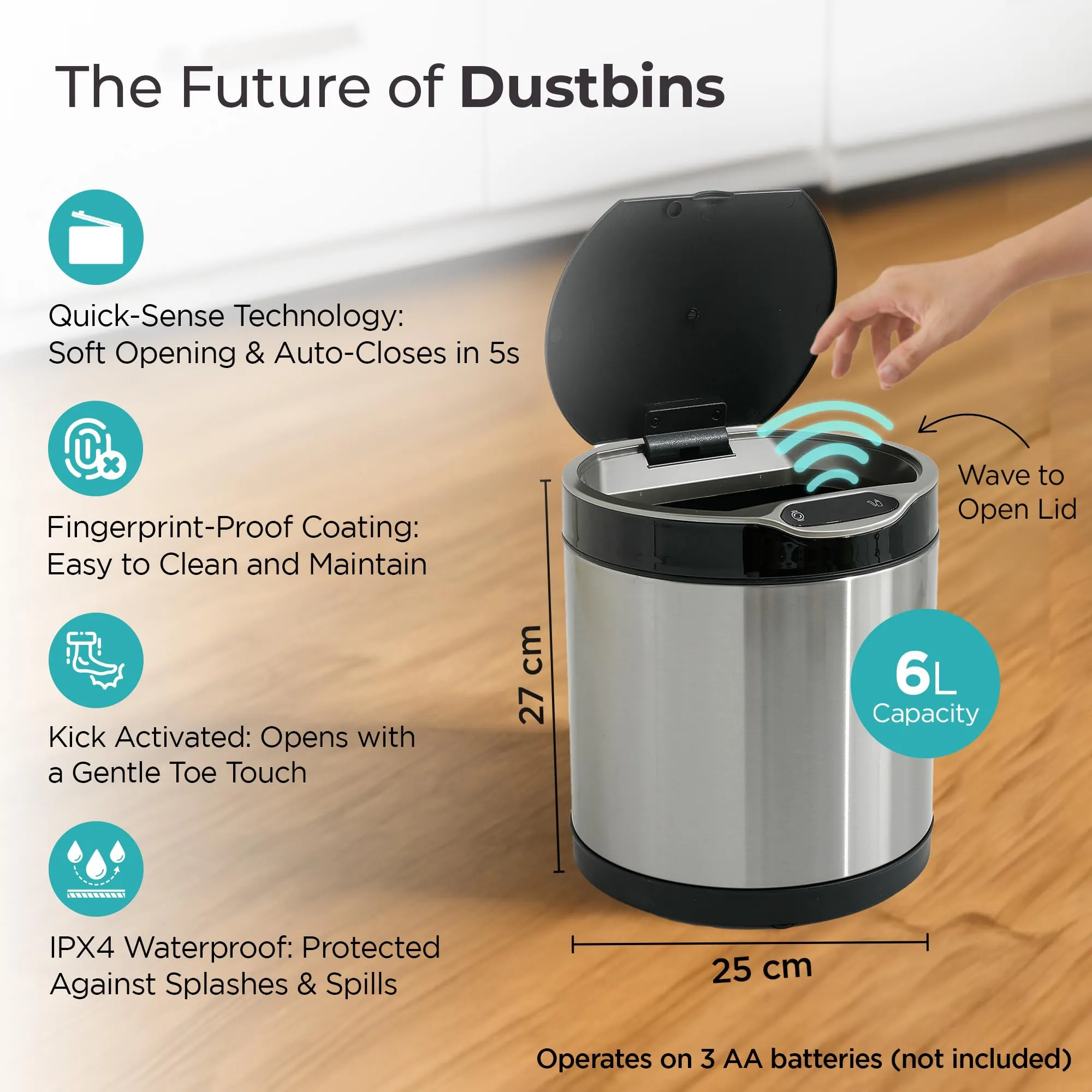 The Better Home 6L Dustbin For Kitchen | Dustbin For Bathroom | 27cm Automatic Smart Sensor Dustbin For Bedroom | Steel Dustbin With Lid | Dustbin For Office | Garbage Bin - Silver