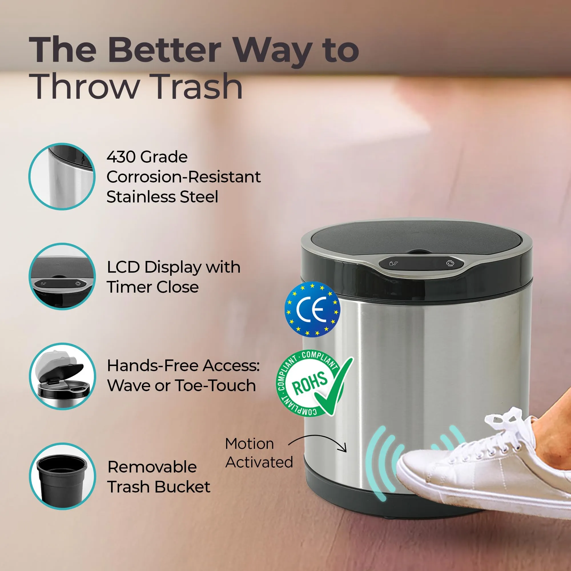 The Better Home 6L Dustbin For Kitchen | Dustbin For Bathroom | 27cm Automatic Smart Sensor Dustbin For Bedroom | Steel Dustbin With Lid | Dustbin For Office | Garbage Bin - Silver
