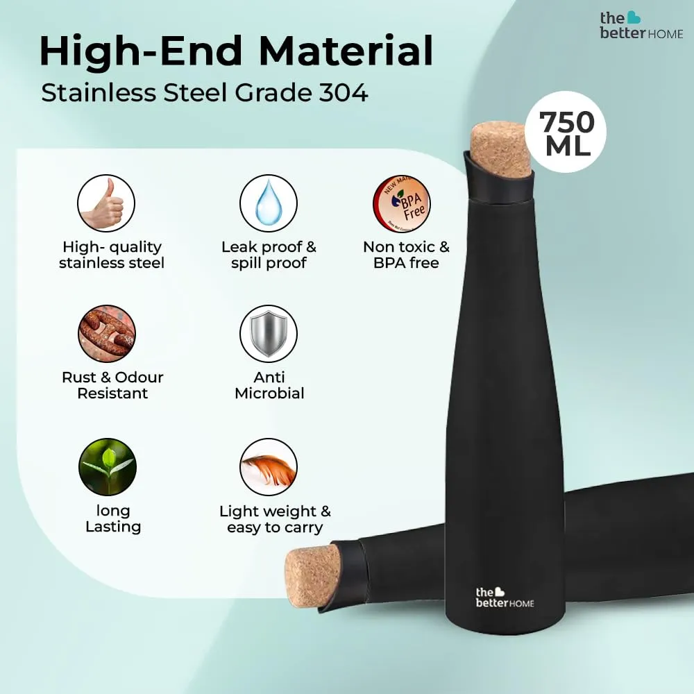 The Better Home Insulated Stainless Steel Water Bottle with Cork Cap | 18 Hours Insulation | Pack of 100-750ml Each | Hot Cold Water for Office School Gym | Leak Proof & BPA Free | Silver Colour
