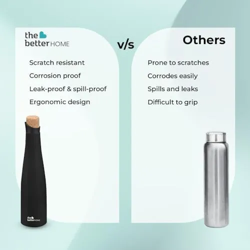 The Better Home Insulated Thermosteel Bottle with Cork Cap 500ml | 18h of Insulation | Hot and Cold Water Bottle for Kids School Office Gym | Anti Rust | Leak Proof | BPA Free | Black Colour