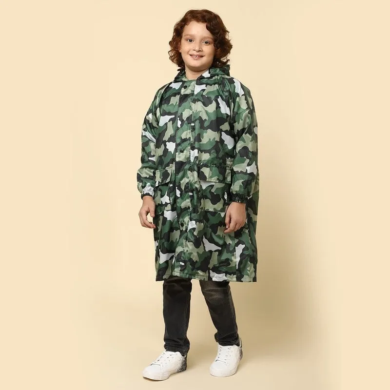THE CLOWNFISH Laurel Series Kids Waterproof PVC Longcoat with Adjustable Hood & Extra Space for Backpack/Schoolbag Holding. Printed Plastic Pouch. Kid Age-6-7 years (Size-30-Blue)