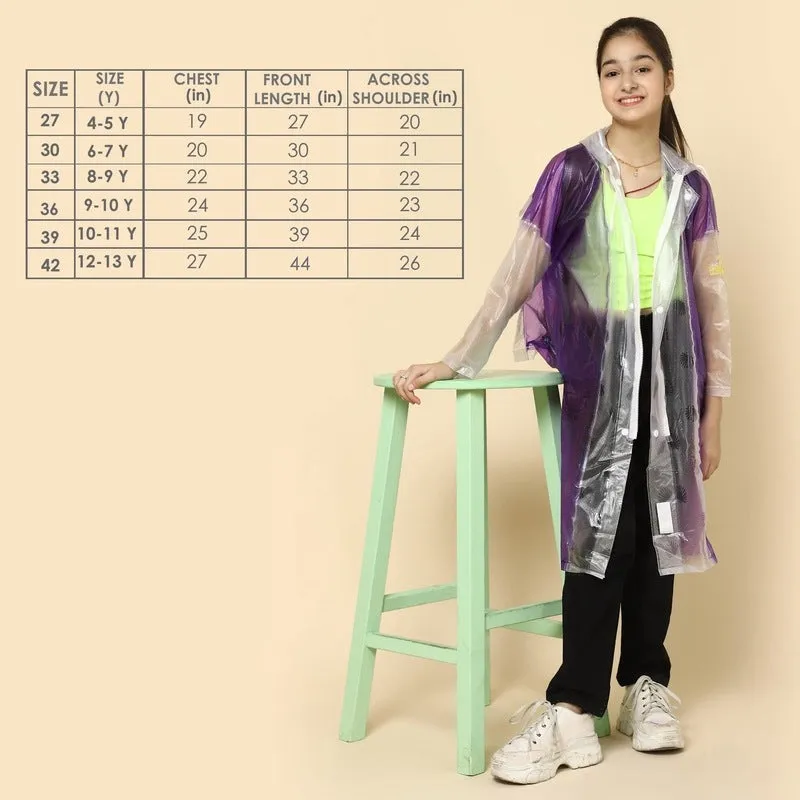 THE CLOWNFISH Laurel Series Kids Waterproof PVC Longcoat with Adjustable Hood & Extra Space for Backpack/Schoolbag Holding. Printed Plastic Pouch. Kid Age-6-7 years (Size-30-Blue)