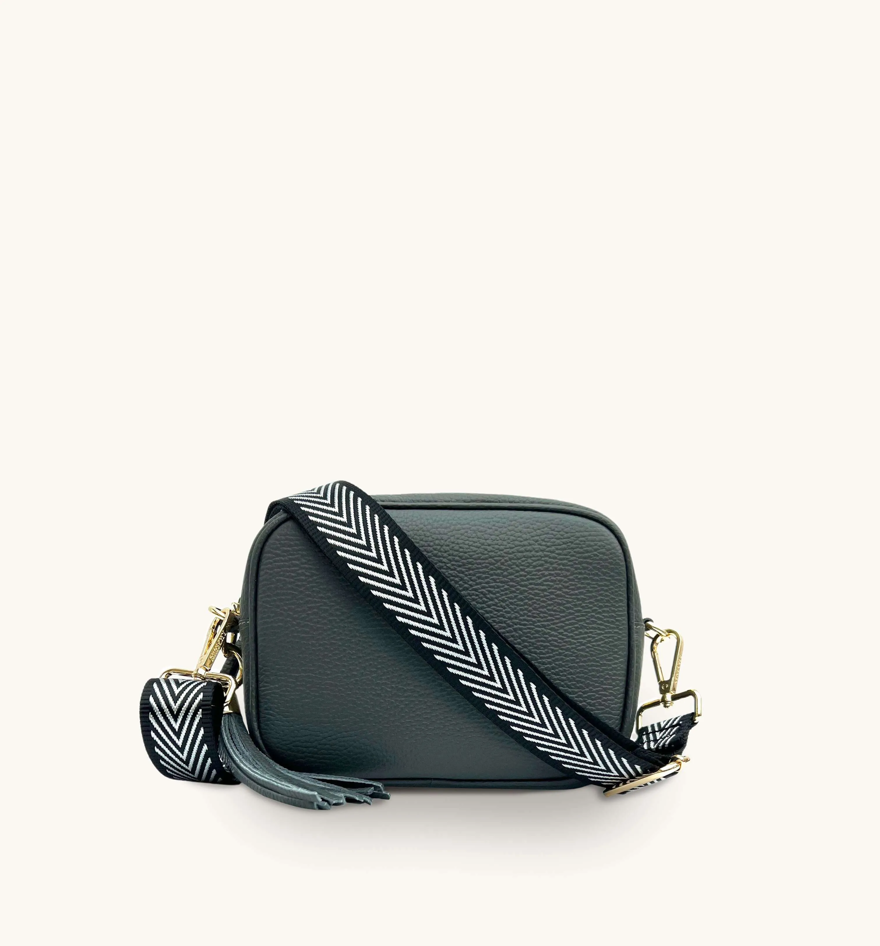 The Tassel Dark Grey Leather Crossbody Bag With Black & Silver Chevron Strap