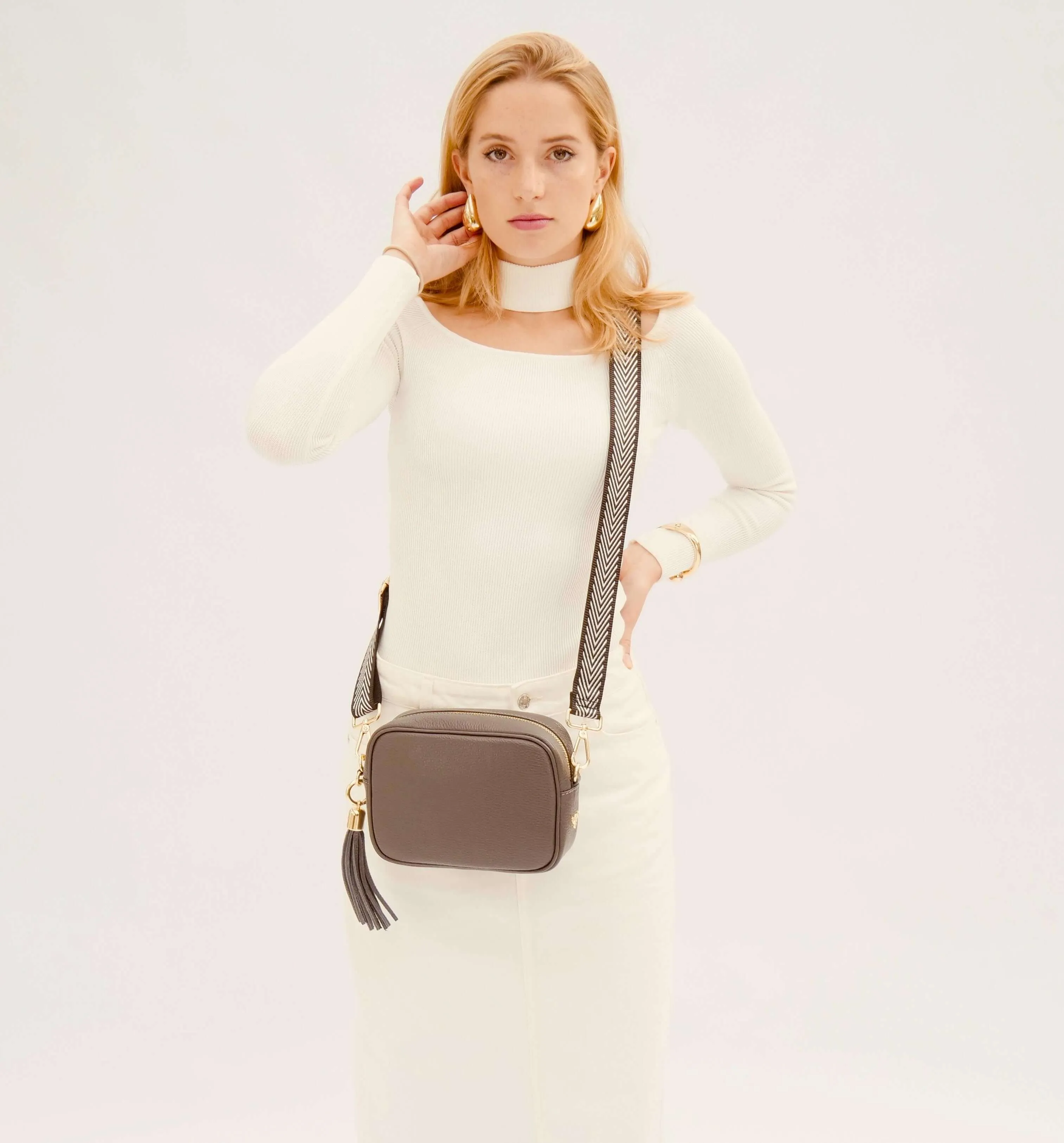 The Tassel Dark Grey Leather Crossbody Bag With Black & Silver Chevron Strap