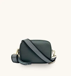 The Tassel Dark Grey Leather Crossbody Bag With Black & Silver Chevron Strap