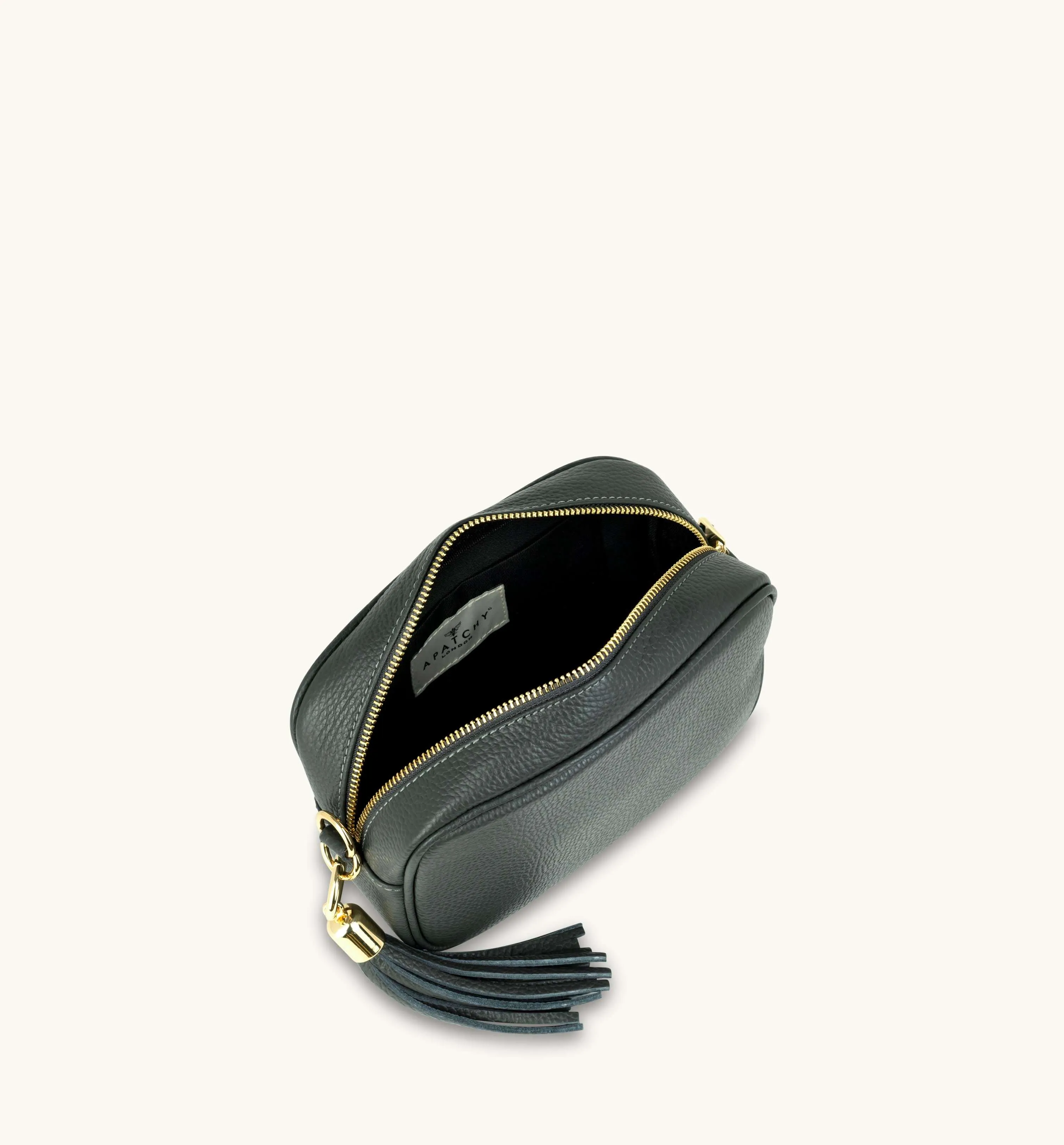 The Tassel Dark Grey Leather Crossbody Bag With Black & Silver Chevron Strap