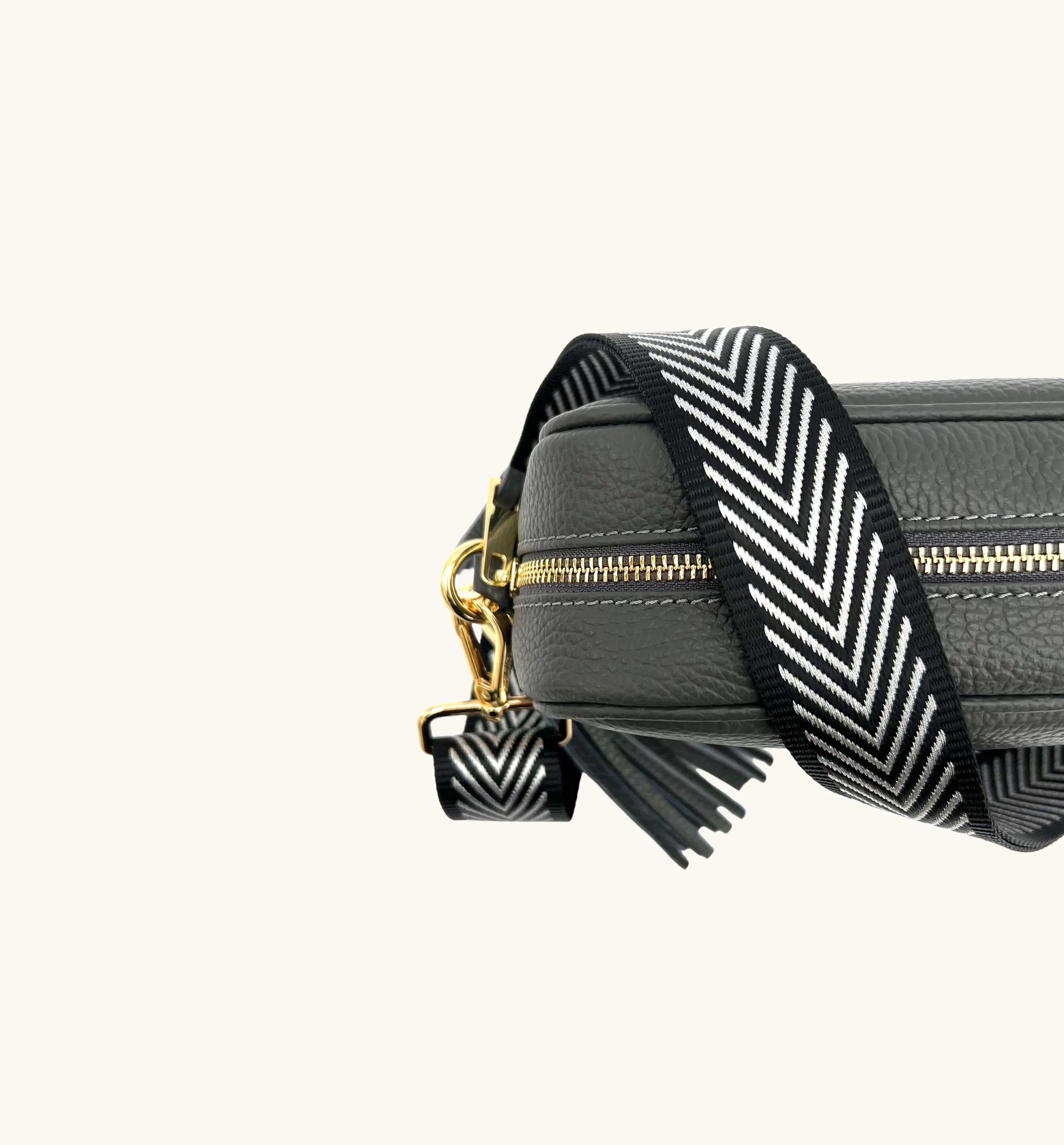 The Tassel Dark Grey Leather Crossbody Bag With Black & Silver Chevron Strap