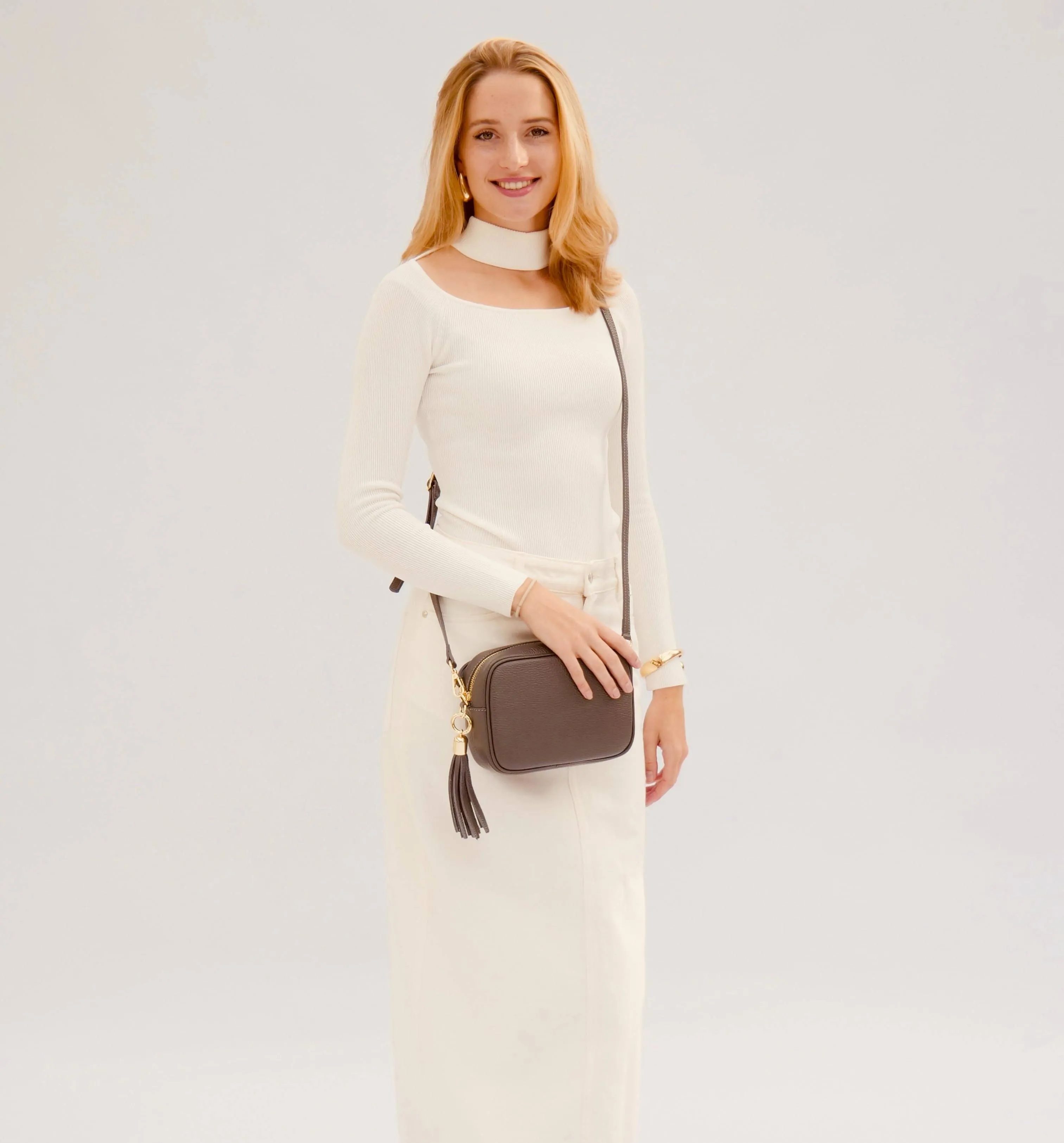 The Tassel Dark Grey Leather Crossbody Bag With Black & Silver Chevron Strap
