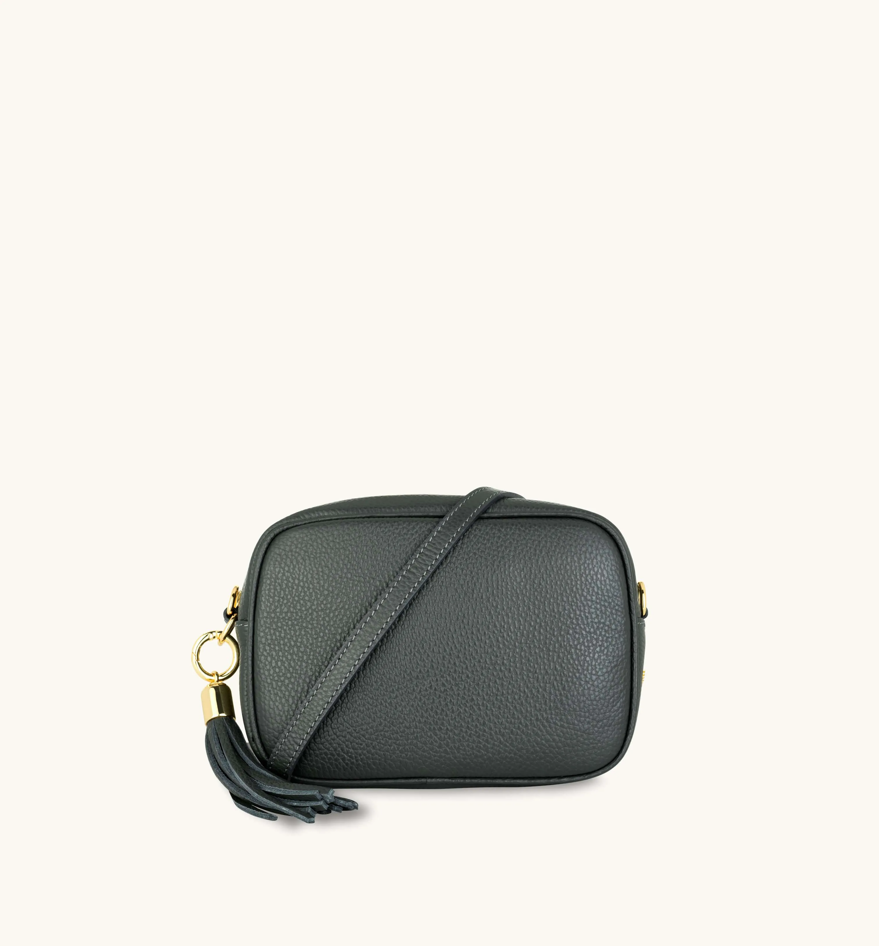 The Tassel Dark Grey Leather Crossbody Bag With Black & Silver Chevron Strap