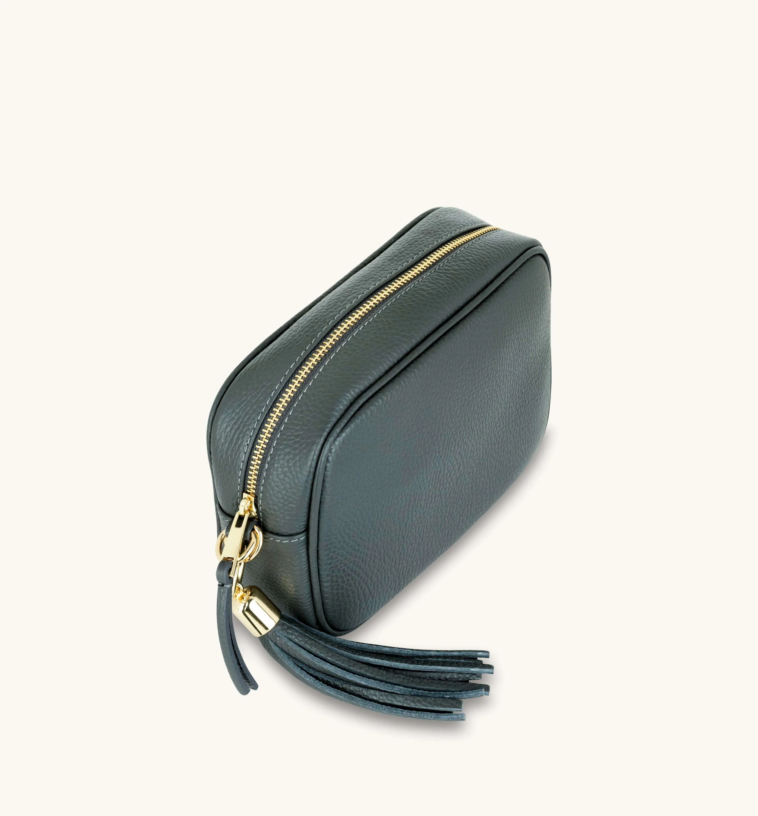 The Tassel Dark Grey Leather Crossbody Bag With Black & Silver Chevron Strap