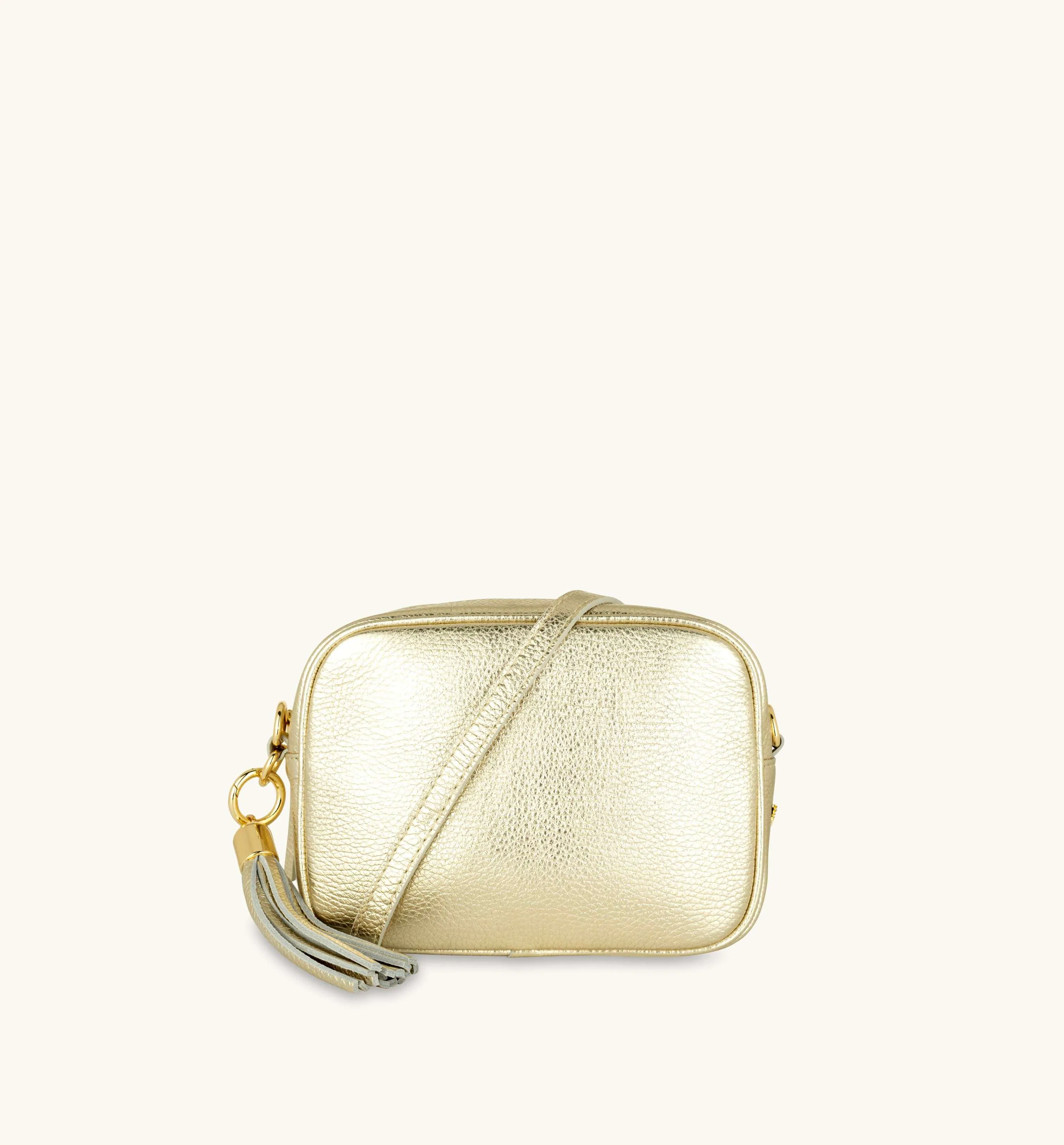 The Tassel Gold Leather Crossbody Bag With Orange & Gold Stripe Camo Strap