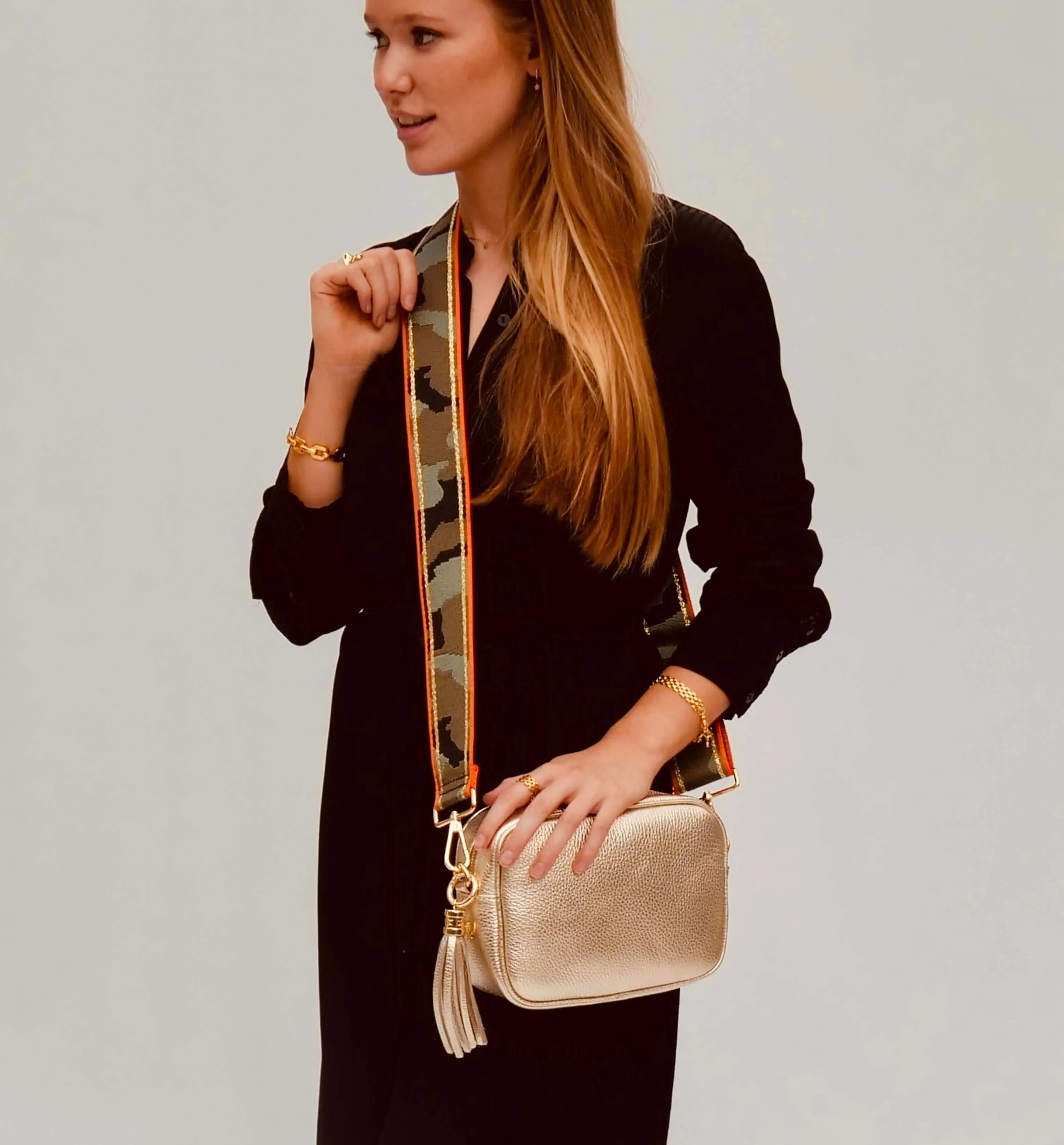 The Tassel Gold Leather Crossbody Bag With Orange & Gold Stripe Camo Strap