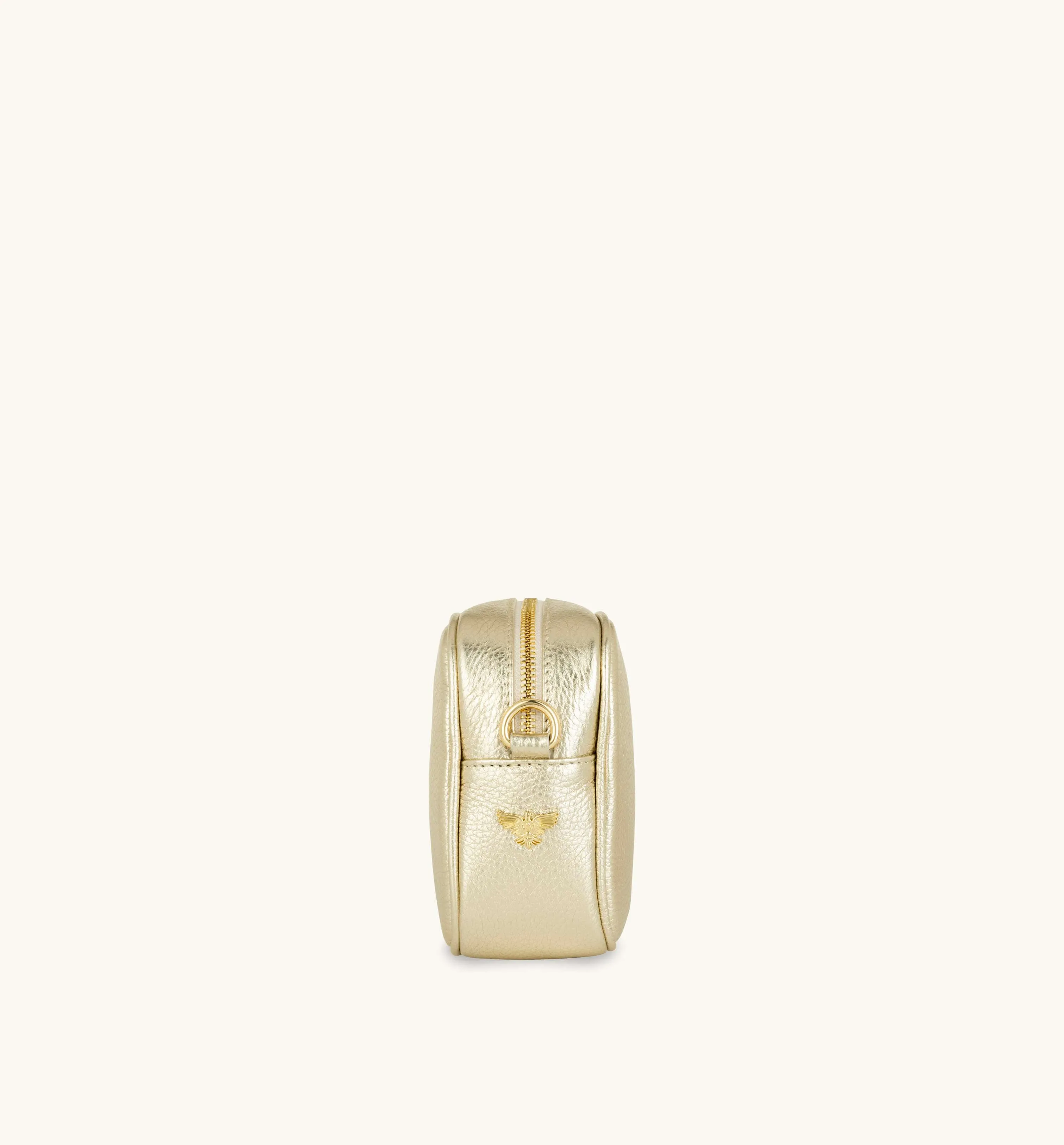 The Tassel Gold Leather Crossbody Bag With Orange & Gold Stripe Camo Strap