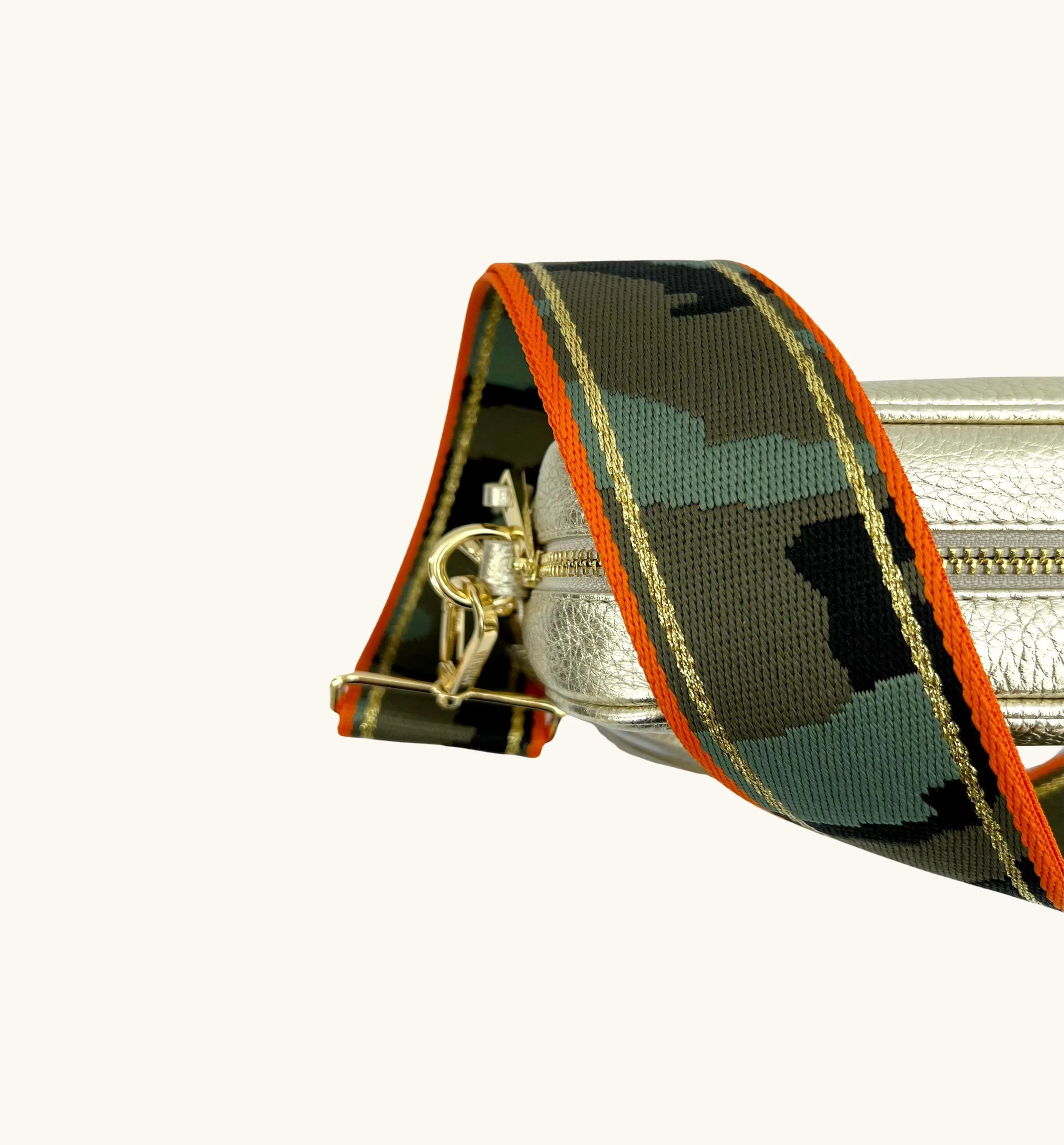 The Tassel Gold Leather Crossbody Bag With Orange & Gold Stripe Camo Strap