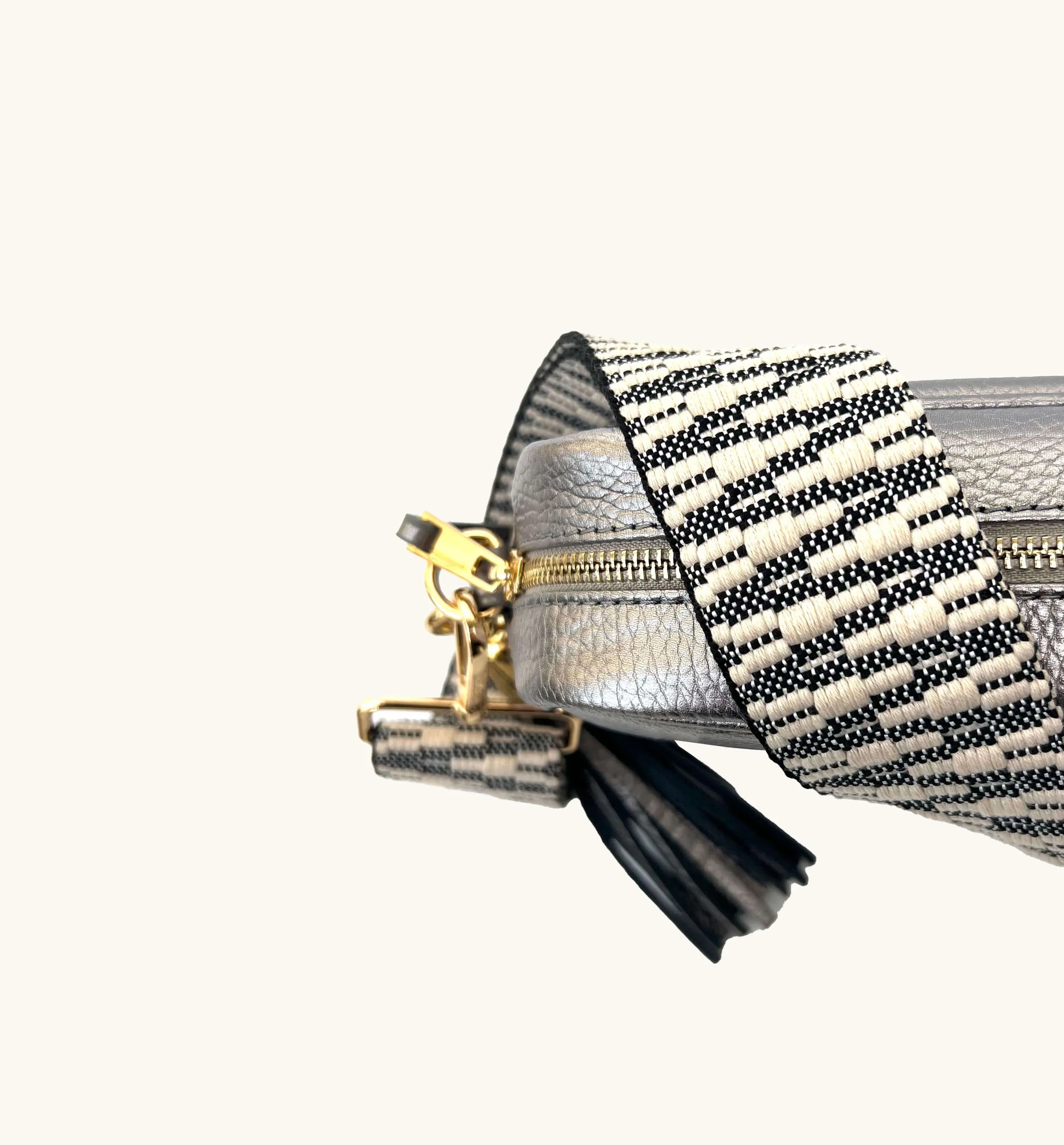 The Tassel Pewter Leather Crossbody Bag With Midnight Zigzag Strap