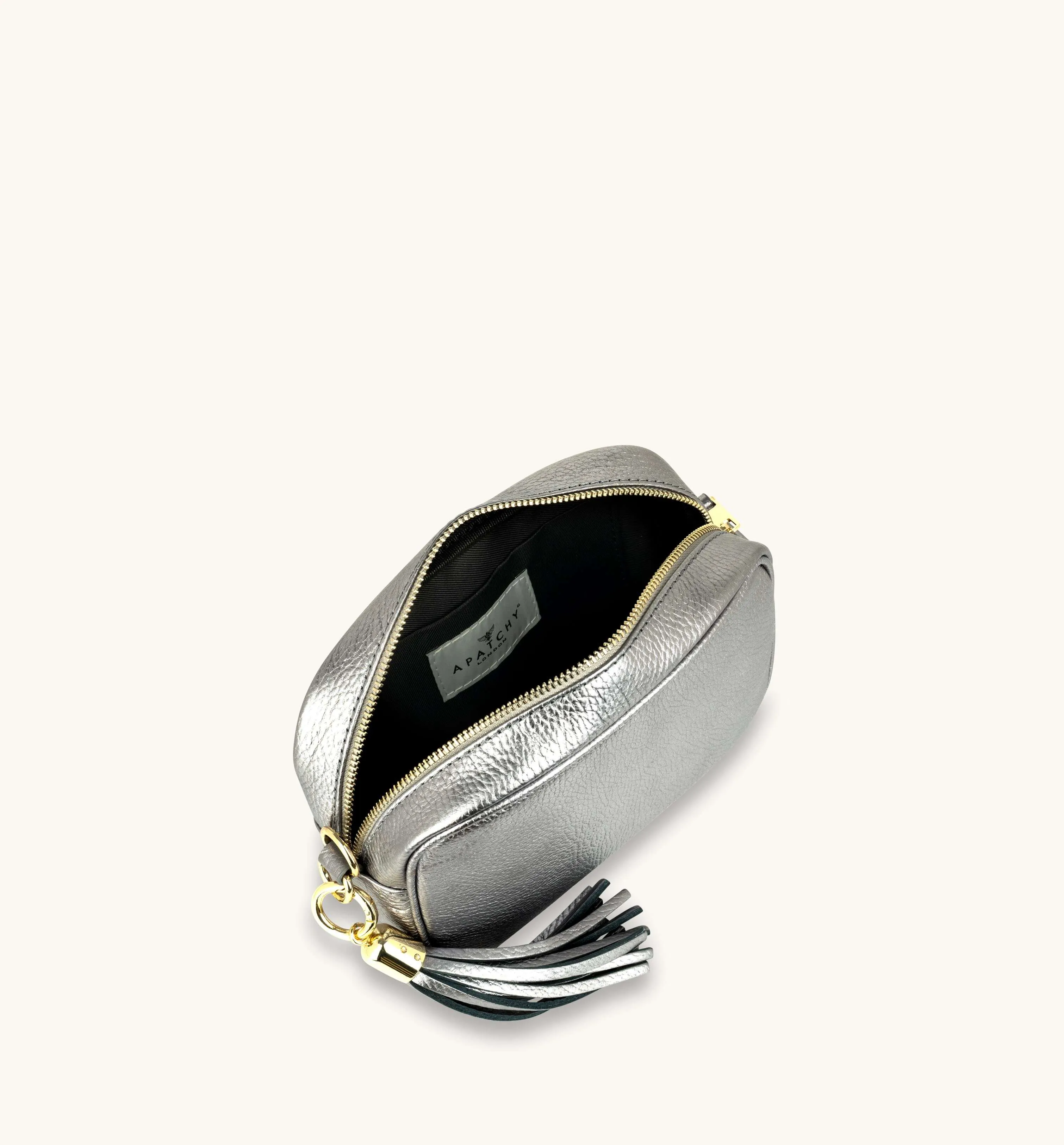 The Tassel Pewter Leather Crossbody Bag With Midnight Zigzag Strap