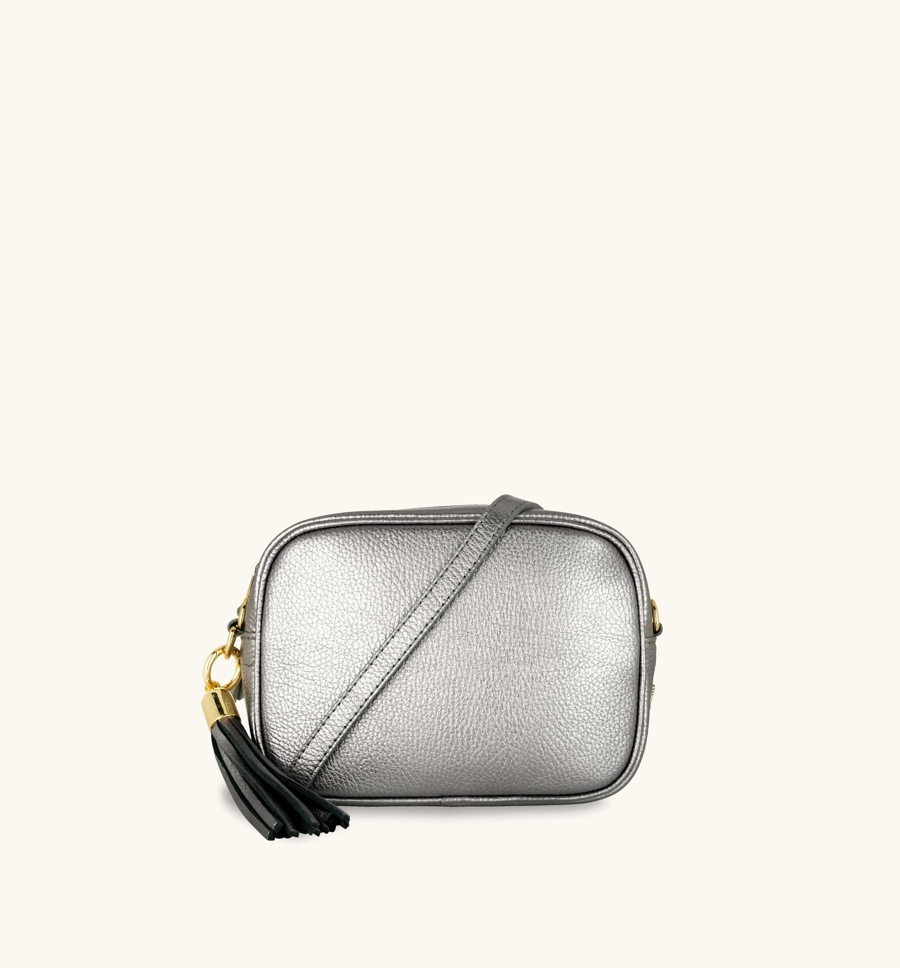 The Tassel Pewter Leather Crossbody Bag With Midnight Zigzag Strap