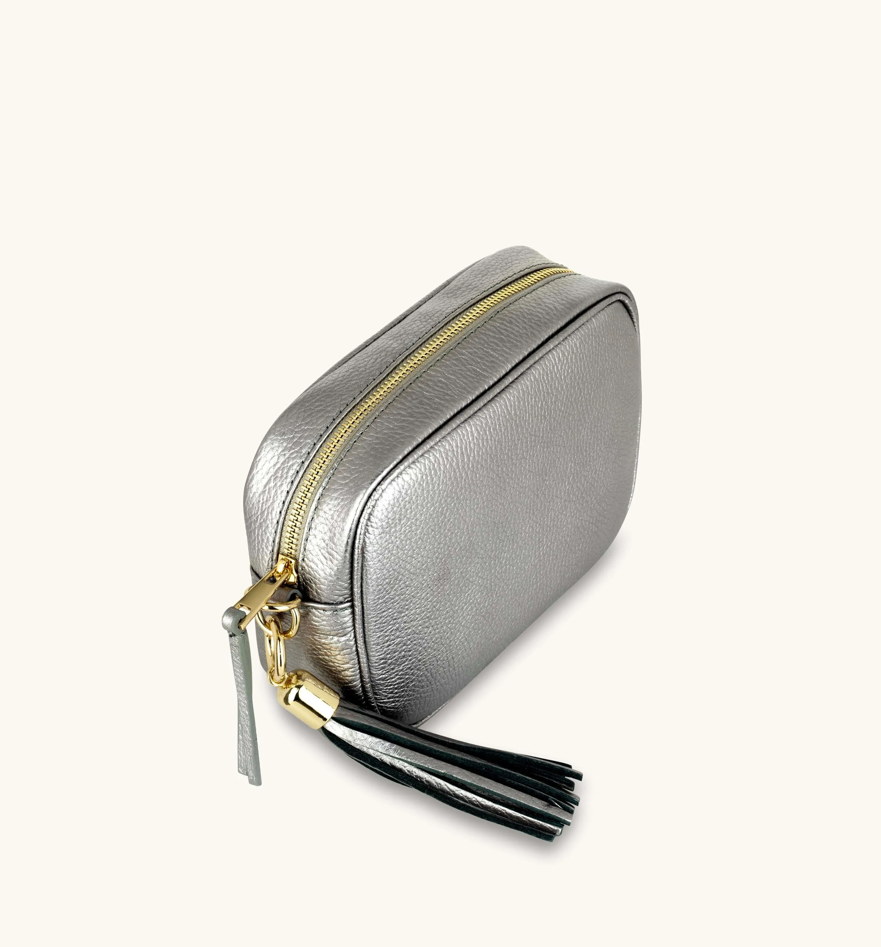 The Tassel Pewter Leather Crossbody Bag With Midnight Zigzag Strap