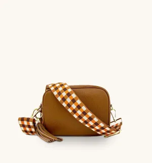 The Tassel Tan Leather Crossbody Bag With Orange & Tan Check Strap