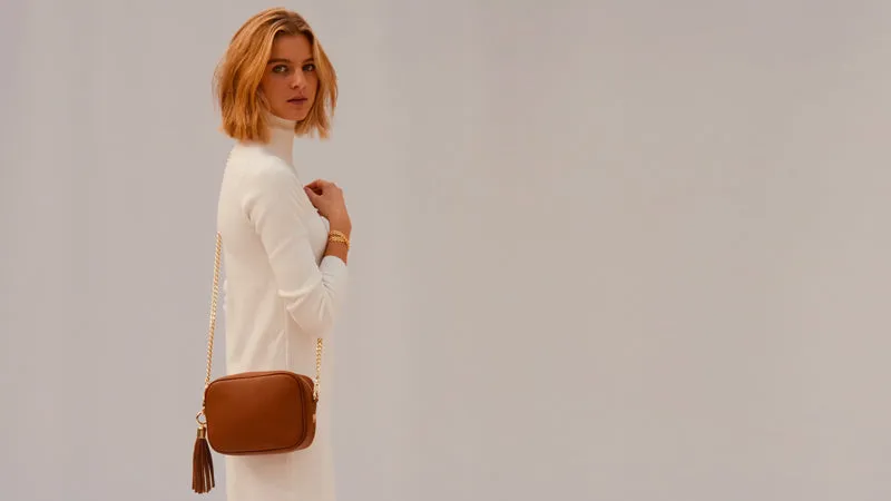 The Tassel Tan Leather Crossbody Bag With Orange & Tan Check Strap